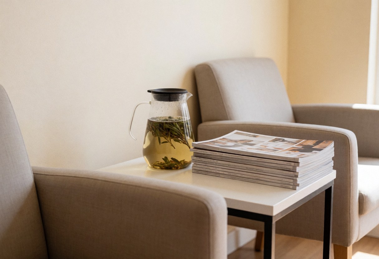 Tea pitcher and magazines on a table in a beige waiting area with light walls, suitable for a beauty salon or spa.
