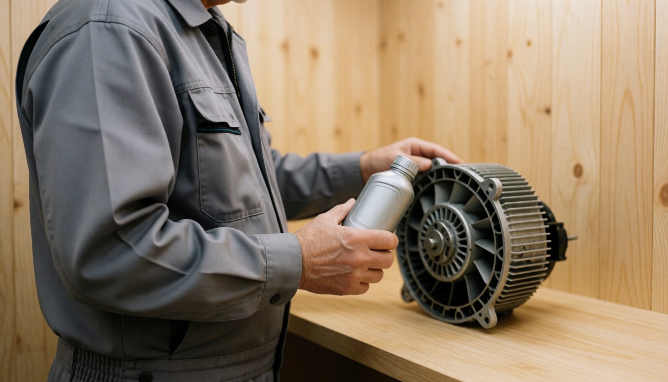 Technician in gray uniform checks fan motor with oil bottle on wooden table during repair service