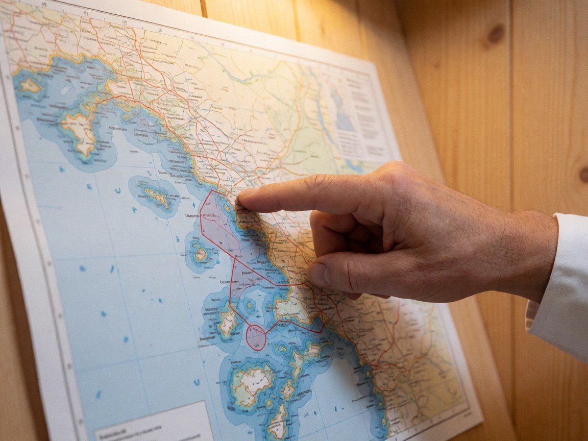 Hand pointing to specific coordinates on a marine map showing protected zones and corals on a light wood wall with warm light for marine conservation planning