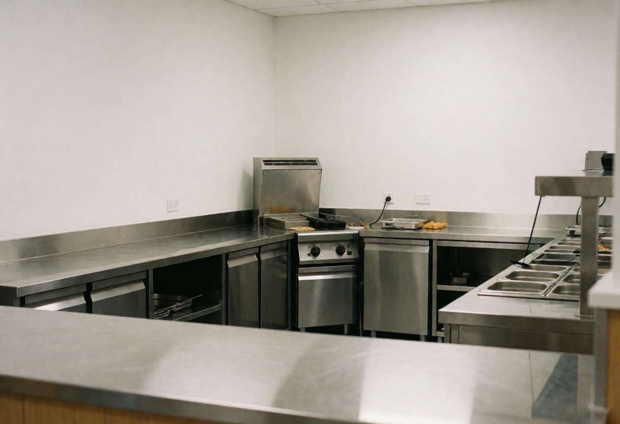 Professional kitchen featuring an industrial stove, stainless steel tables, and white walls suitable for a fun center.