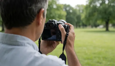 Professional photographer taking photos in a park with natural light, back view, visible gear, and green background.