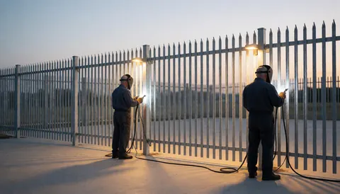 Two workers wearing welding helmets and gloves weld a metal fence equipped with anti-climb spikes under floodlights on a concrete surface.