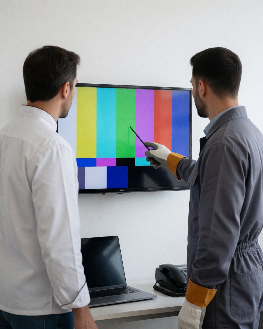 Technician pointing at tv test pattern while client watches in modern repair workshop
