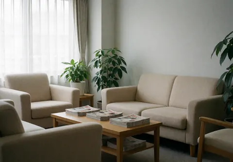 A waiting area featuring beige sofas, a wooden table, green plants, and magazines, suitable for a massage center.
