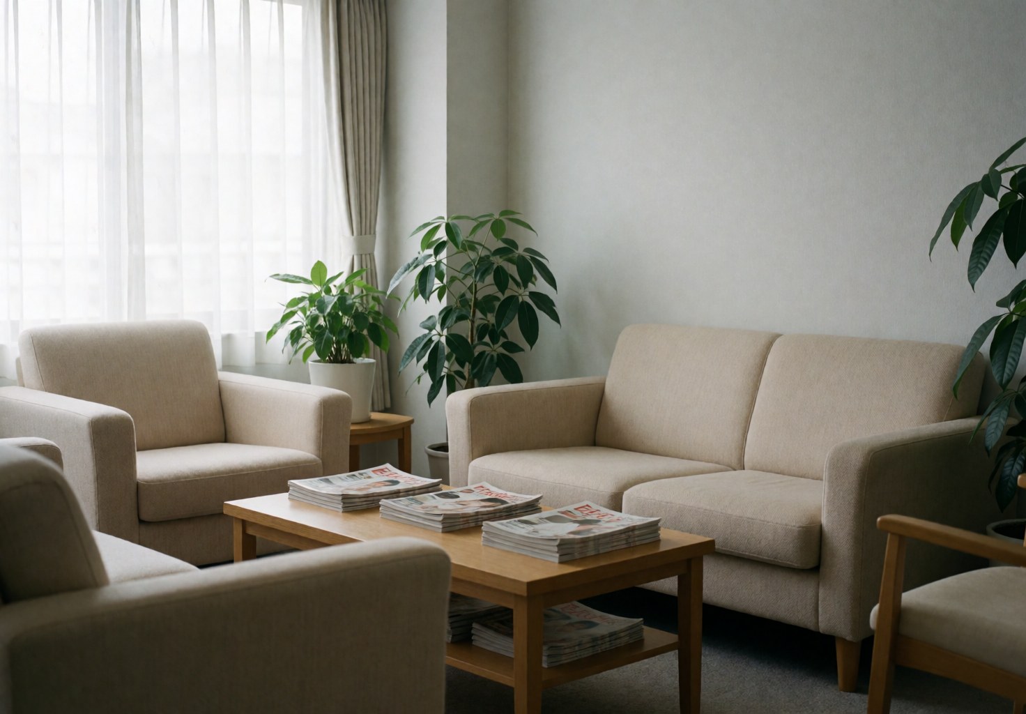 A waiting area featuring beige sofas, a wooden table, green plants, and magazines, suitable for a massage center.