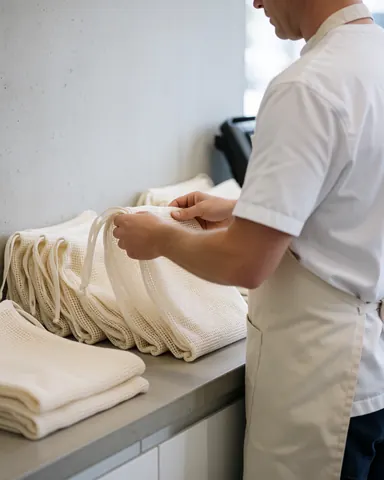 Worker organizing mesh laundry bags on a work surface in a clean professional laundromat with concrete walls