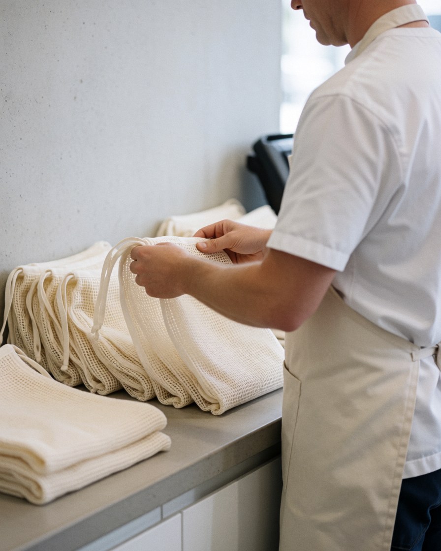 Worker organizing mesh laundry bags on a work surface in a clean professional laundromat with concrete walls