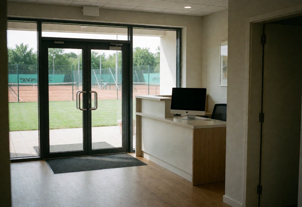 Modern tennis club entrance featuring glass doors that reveal clay and grass courts beyond.