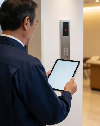 Technician in blue uniform checks elevator panel with digital tablet in warmly lit hallway