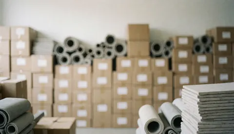 Neutral warehouse background featuring stacked boxes and rolls of tiles, ideal for kitchen installer business text overlays