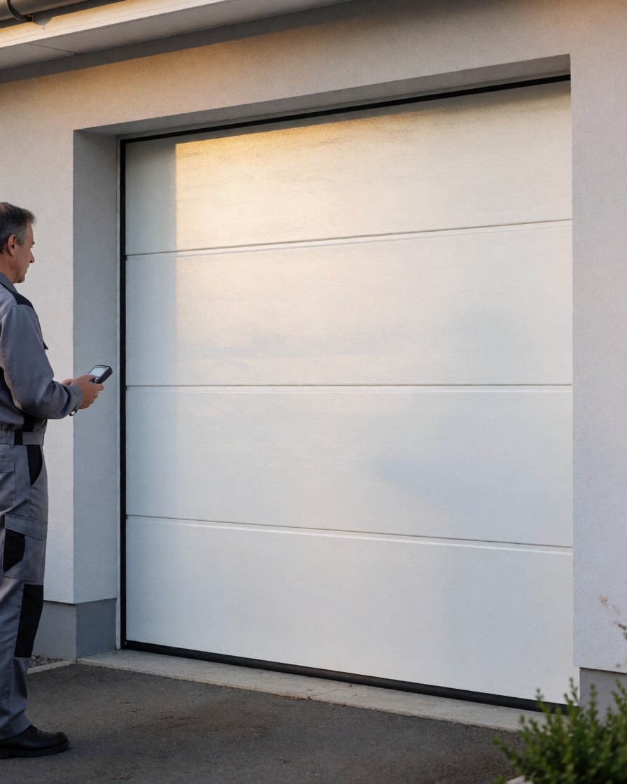 Technician in uniform activates a modern garage door with a remote control during sunset installation service
