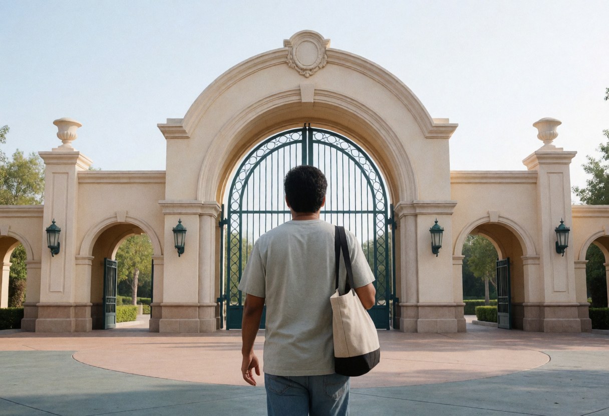 A person walks toward the large arched entrance of a theme park under a clear sky.