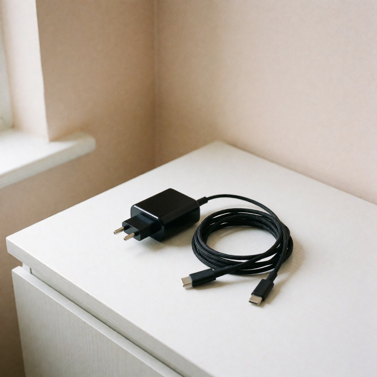 Black usb-c braided cable adapter on white surface for mobile repair products