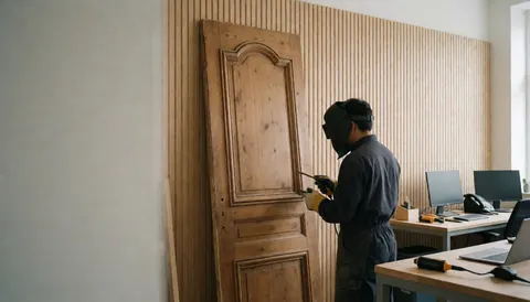 Wooden door being sanded in a restoration workshop with slat walls and natural light