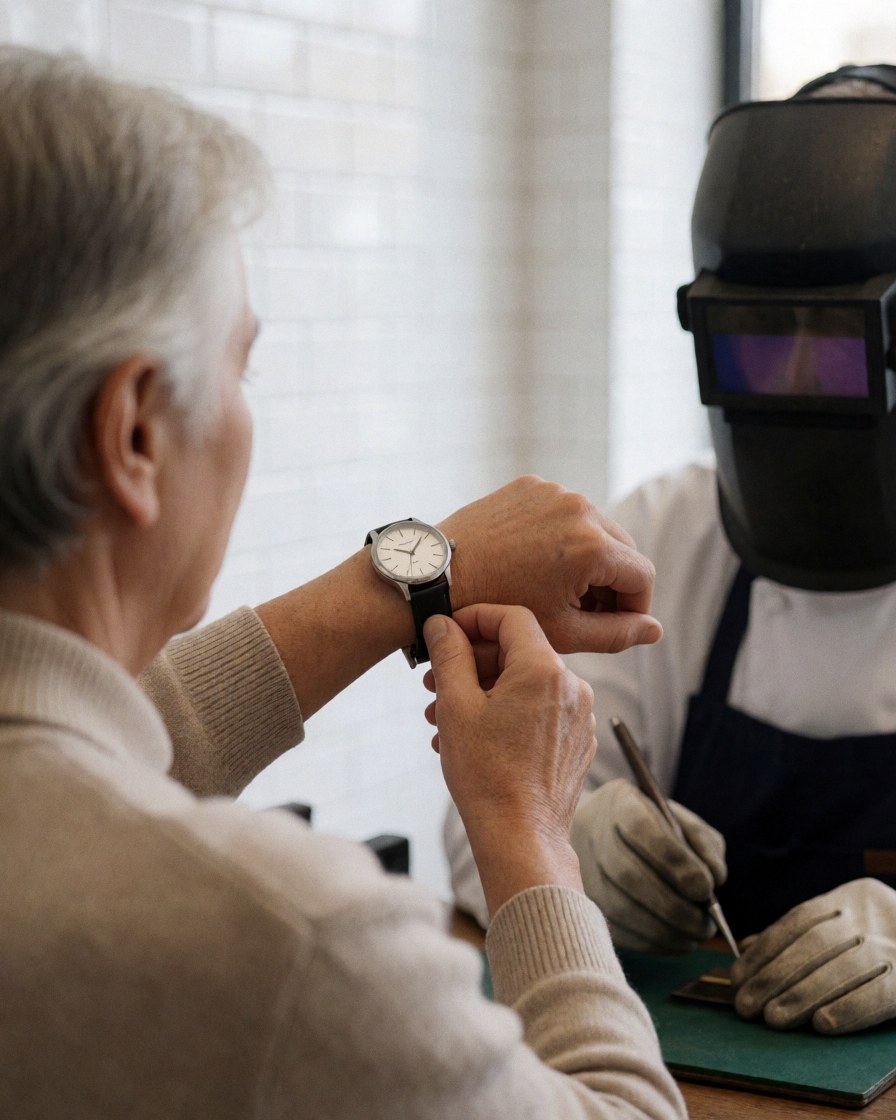 A satisfied client examines a newly repaired watch while a professional watchmaker works in the background of the workshop.
