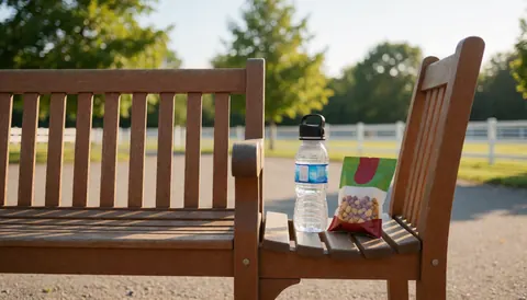 Wooden bench in an equestrian area with a water bottle and snack bag for rider rest