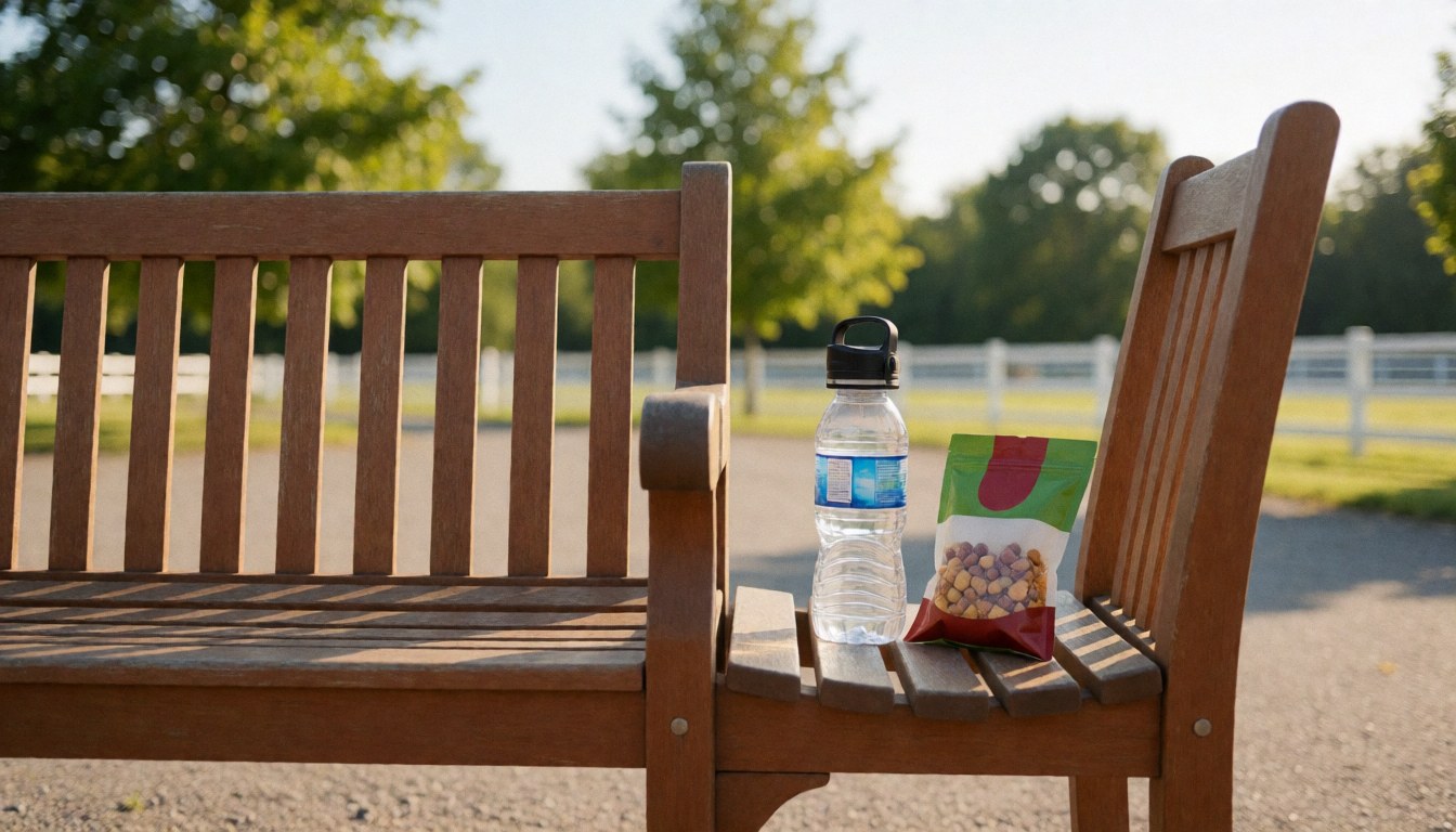 Wooden bench in an equestrian area with a water bottle and snack bag for rider rest