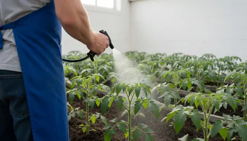 Gardener in blue apron spraying young tomato plants in a greenhouse with white walls and natural light