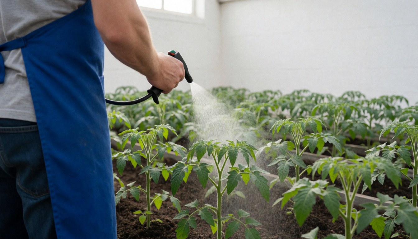 Gardener in blue apron spraying young tomato plants in a greenhouse with white walls and natural light