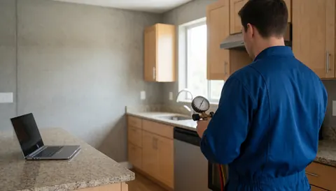 Technician in blue uniform inspecting gas lines with a pressure gauge in a modern kitchen with granite countertops and wooden cabinets.