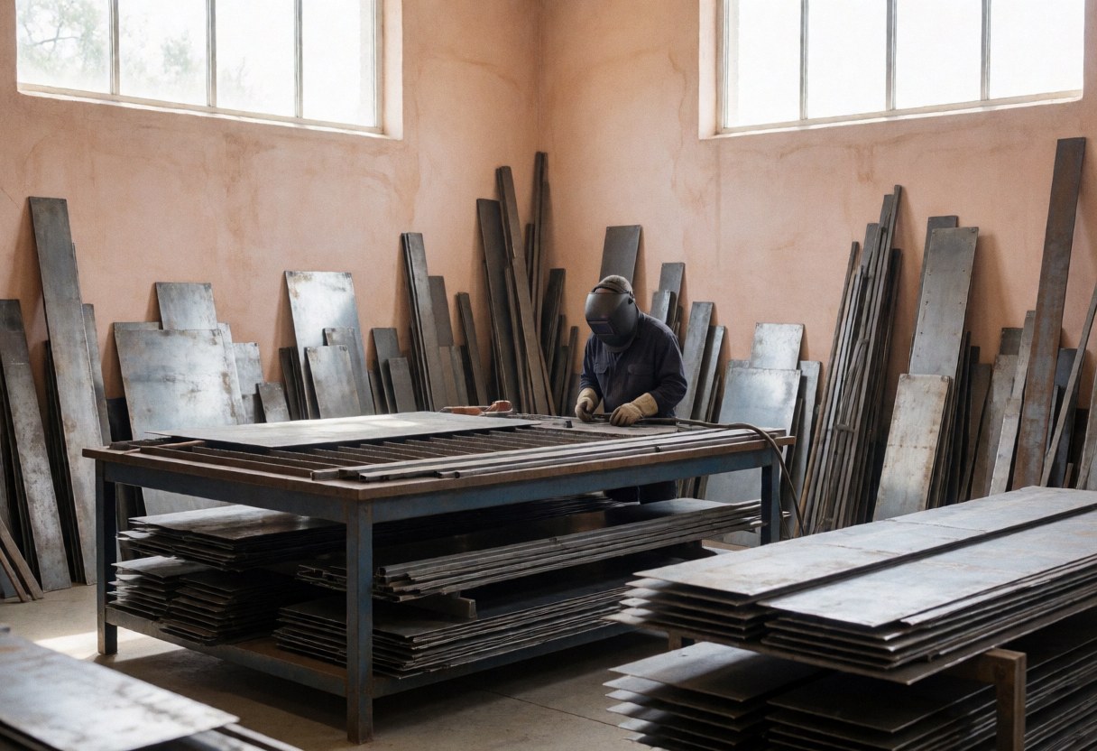 Welder wearing protective helmet works at metal cutting table surrounded by stacked sheets and bars in a workshop with terracotta walls and natural light