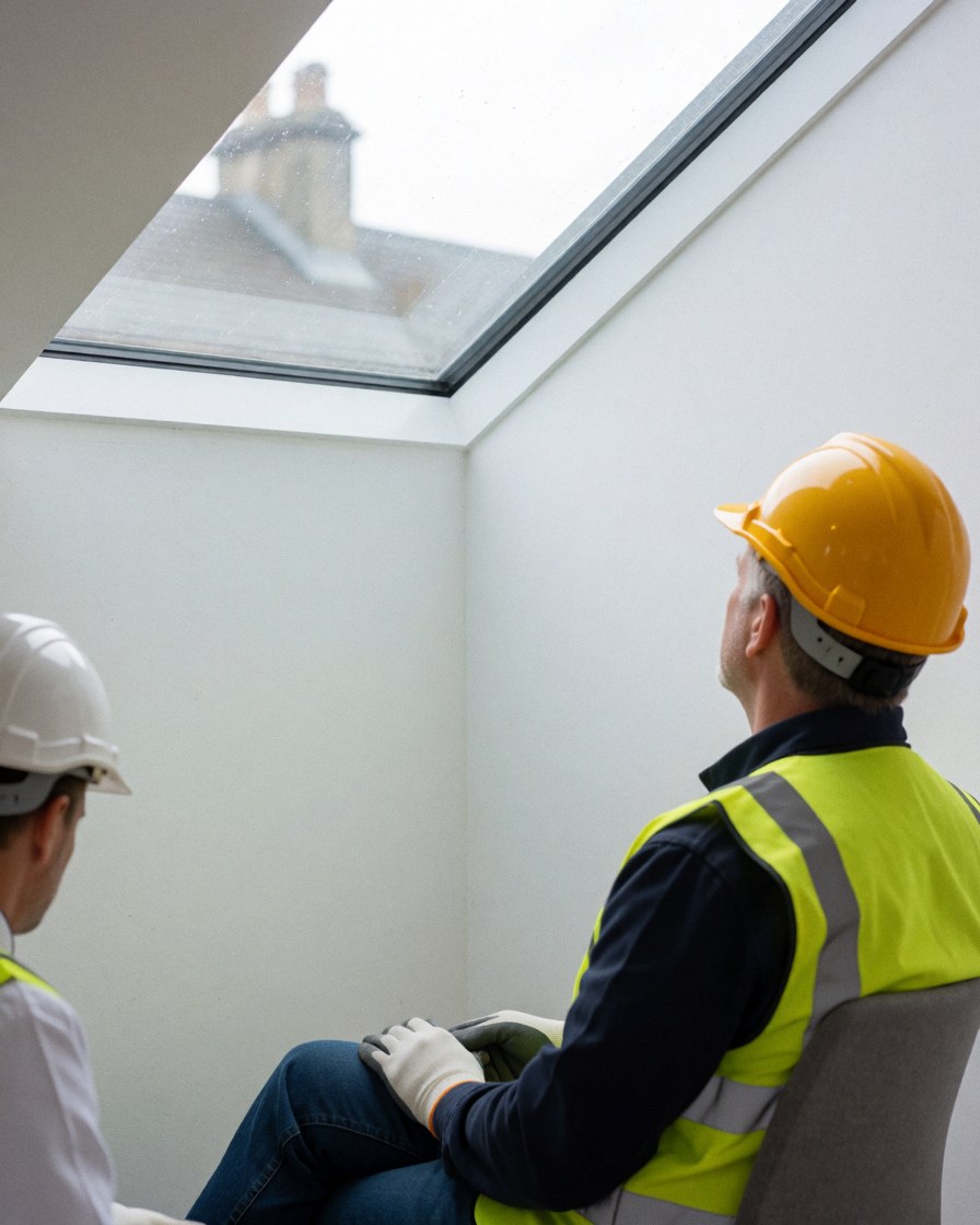 Two workers in safety gear inspecting a clean glass roof in a bright room with white walls