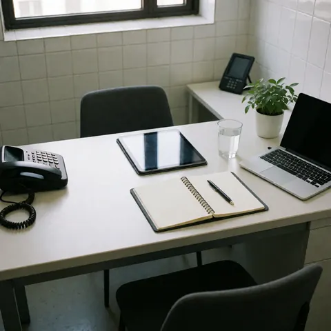 Tidy work desk with tablet, laptop, notebook, and plant, ready for a Spanish class in a professional setting