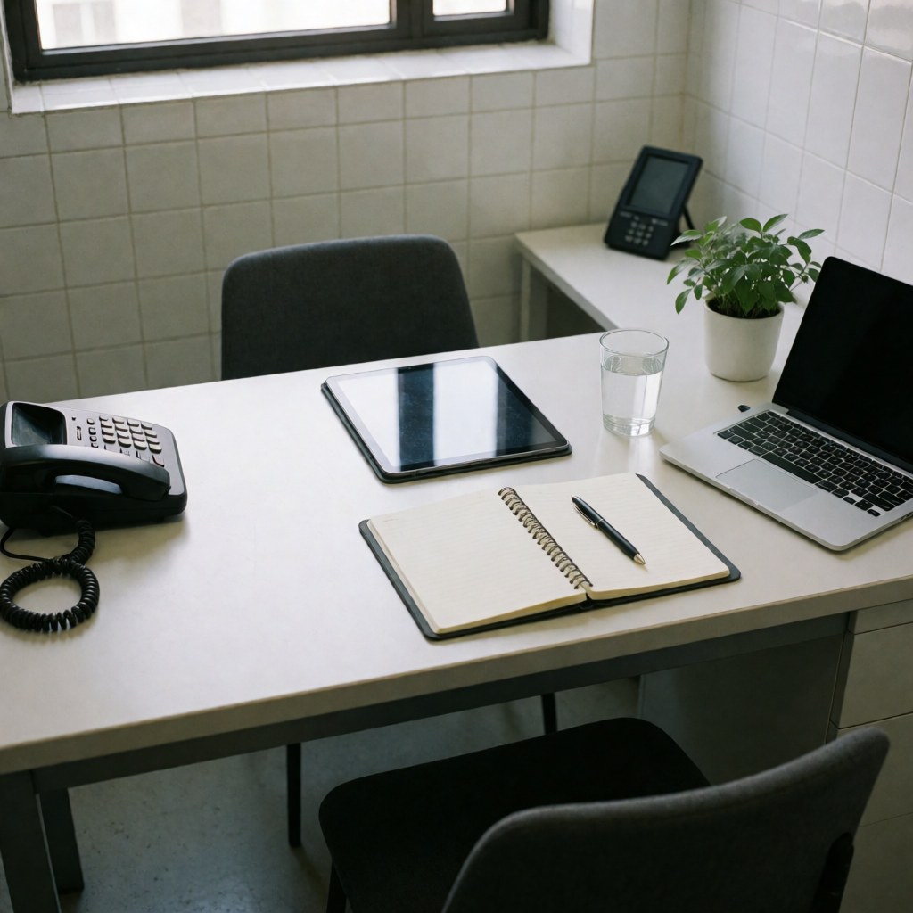 Tidy work desk with tablet, laptop, notebook, and plant, ready for a Spanish class in a professional setting