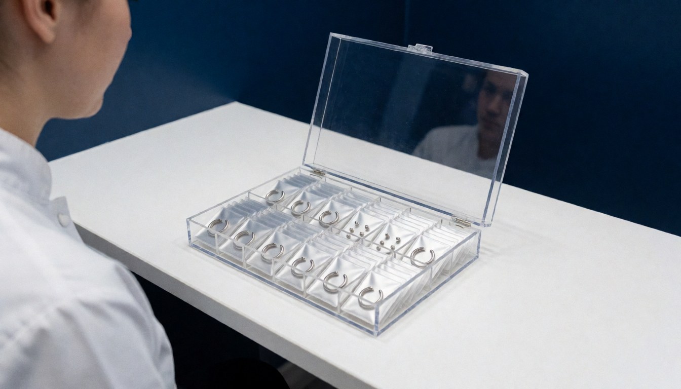 Acrylic jewelry organizer holding nose rings and ear studs on a white table with dark blue walls in a piercing studio