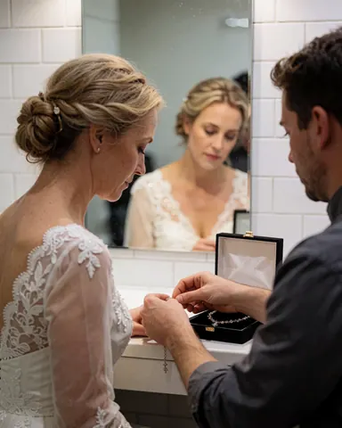 Party coordinator adjusting a necklace on a bride in front of a mirror in a white tiled bathroom during wedding preparations