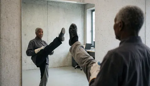 An adult dance instructor executes a high kick while facing a mirror, with concrete walls and dance shoes visible in the studio.