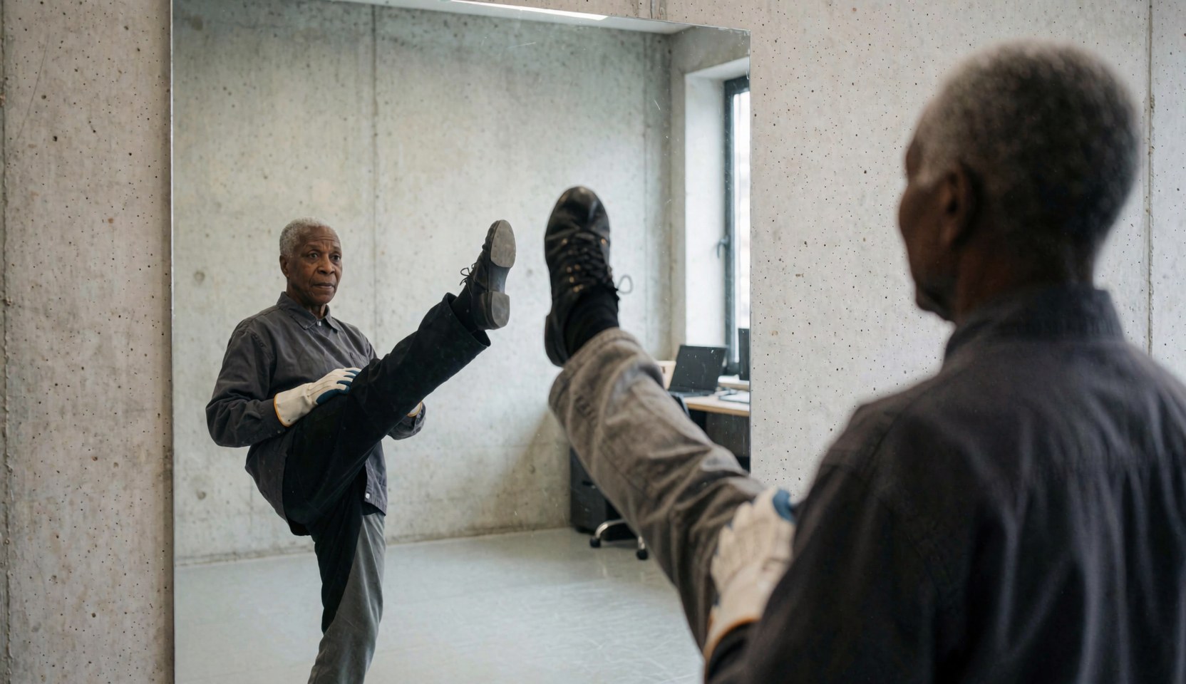 An adult dance instructor executes a high kick while facing a mirror, with concrete walls and dance shoes visible in the studio.
