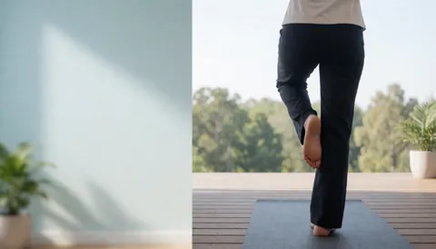 Person practicing yoga balance pose on a mat on a terrace with a view of trees