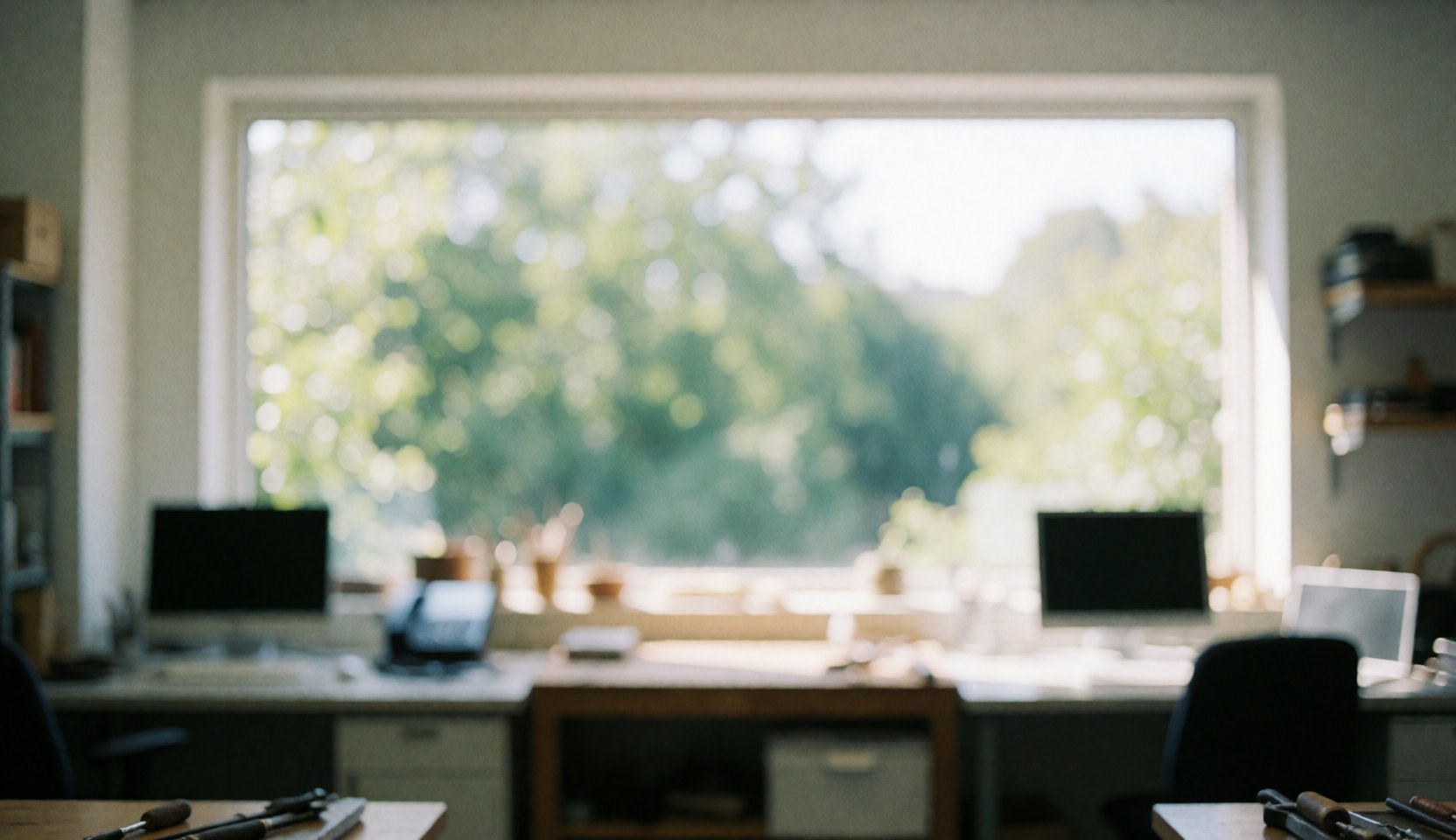Office background with natural light, blurred greenery outside the window, desks and chairs, suitable for writing text overlays.