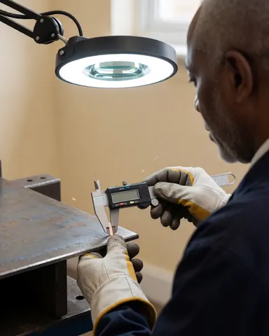 A metalworker uses digital calipers to measure a steel plate edge while sparks fly in the background.