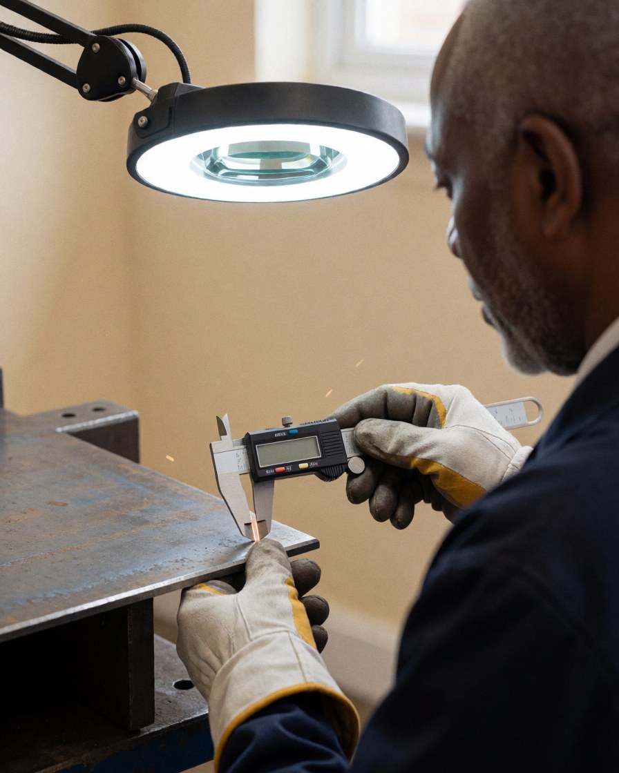 A metalworker uses digital calipers to measure a steel plate edge while sparks fly in the background.