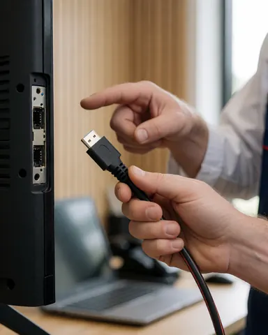 Close-up of a hand plugging a USB cable into the back of a television set in a workshop with light wood walls and natural lighting.