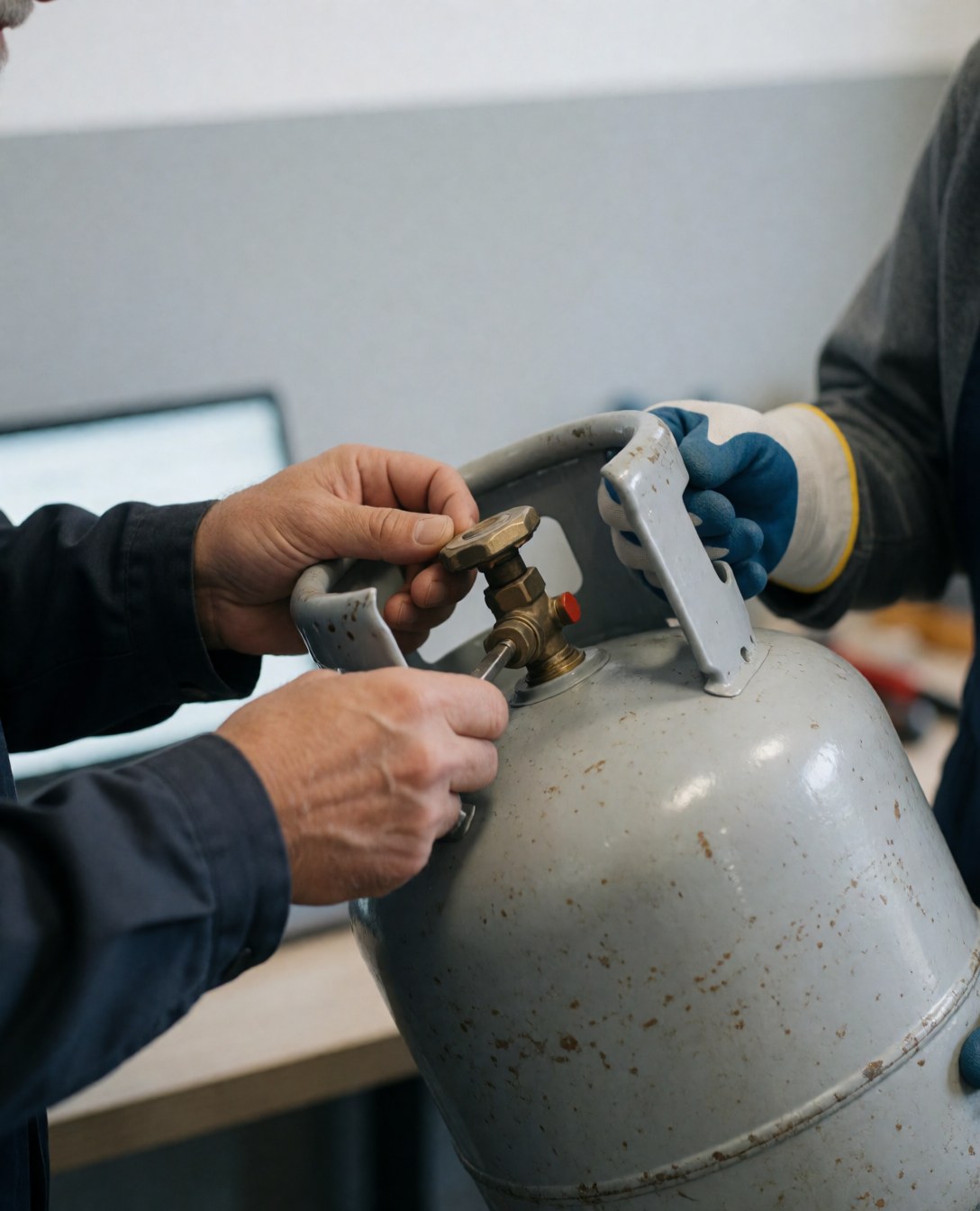 Close-up of hands adjusting a gas tank valve with tools in a professional workshop setting