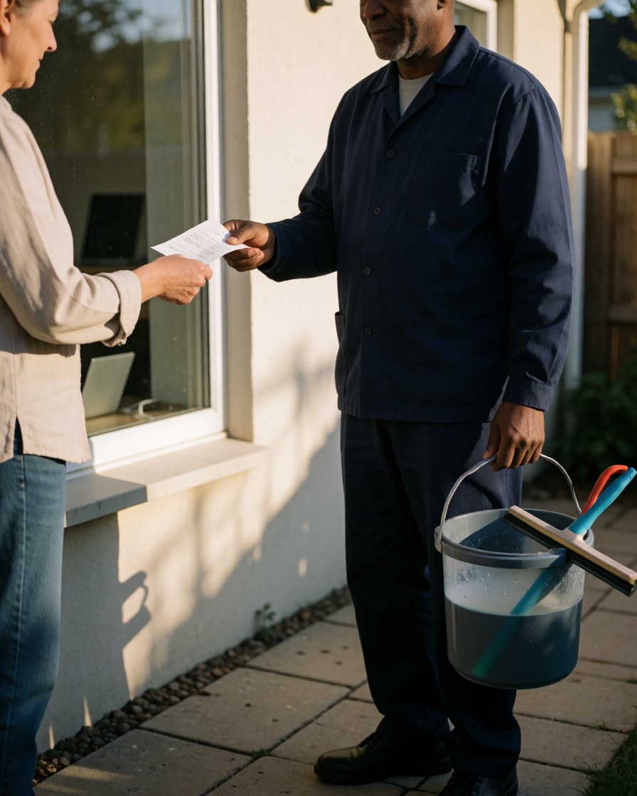Professional window cleaner hands a receipt to a client in front of a clean window, holding a bucket and squeegee during sunset.