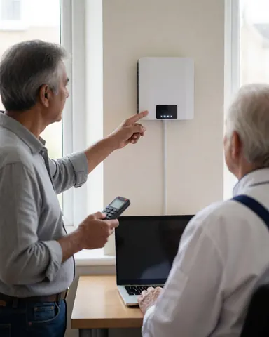 A satisfied client points to a signal amplifier mounted on the wall while a technician works nearby with a laptop in a bright, clean indoor setting.
