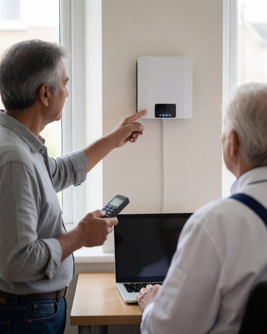 A satisfied client points to a signal amplifier mounted on the wall while a technician works nearby with a laptop in a bright, clean indoor setting.
