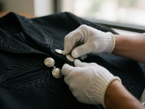 Close-up of hands wearing white gloves carefully polishing silver floral buttons on a black embroidered charro cape in natural window light