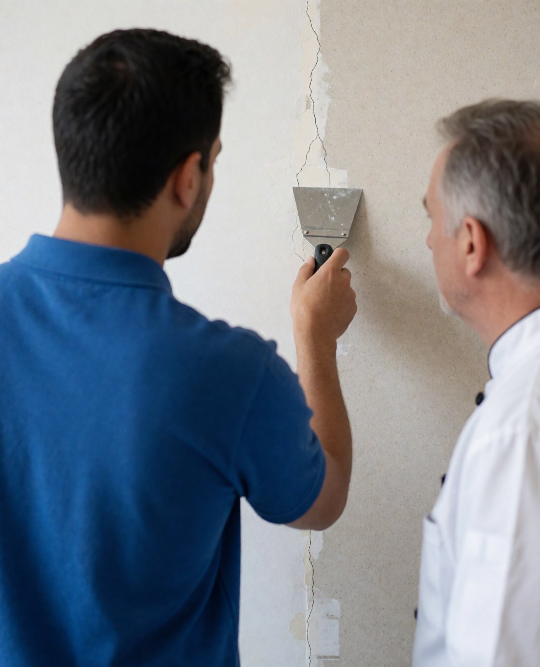 A professional repairer uses metal trowel to indicate a crack in the wall while the client watches attentively during a wall repair inspection.