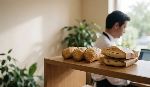 Empanadas and arepas displayed on a wooden counter with natural light, a beige wall background, and a plant, suitable for a hostel or cafe.