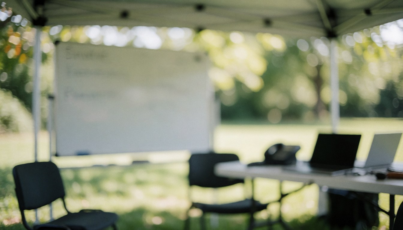 Whiteboard, chairs, and laptops on a table under a canopy, ideal for soccer coach text background