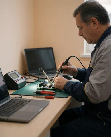 Close-up of technician using soldering iron to repair a circuit board on a workbench with tools and laptop nearby