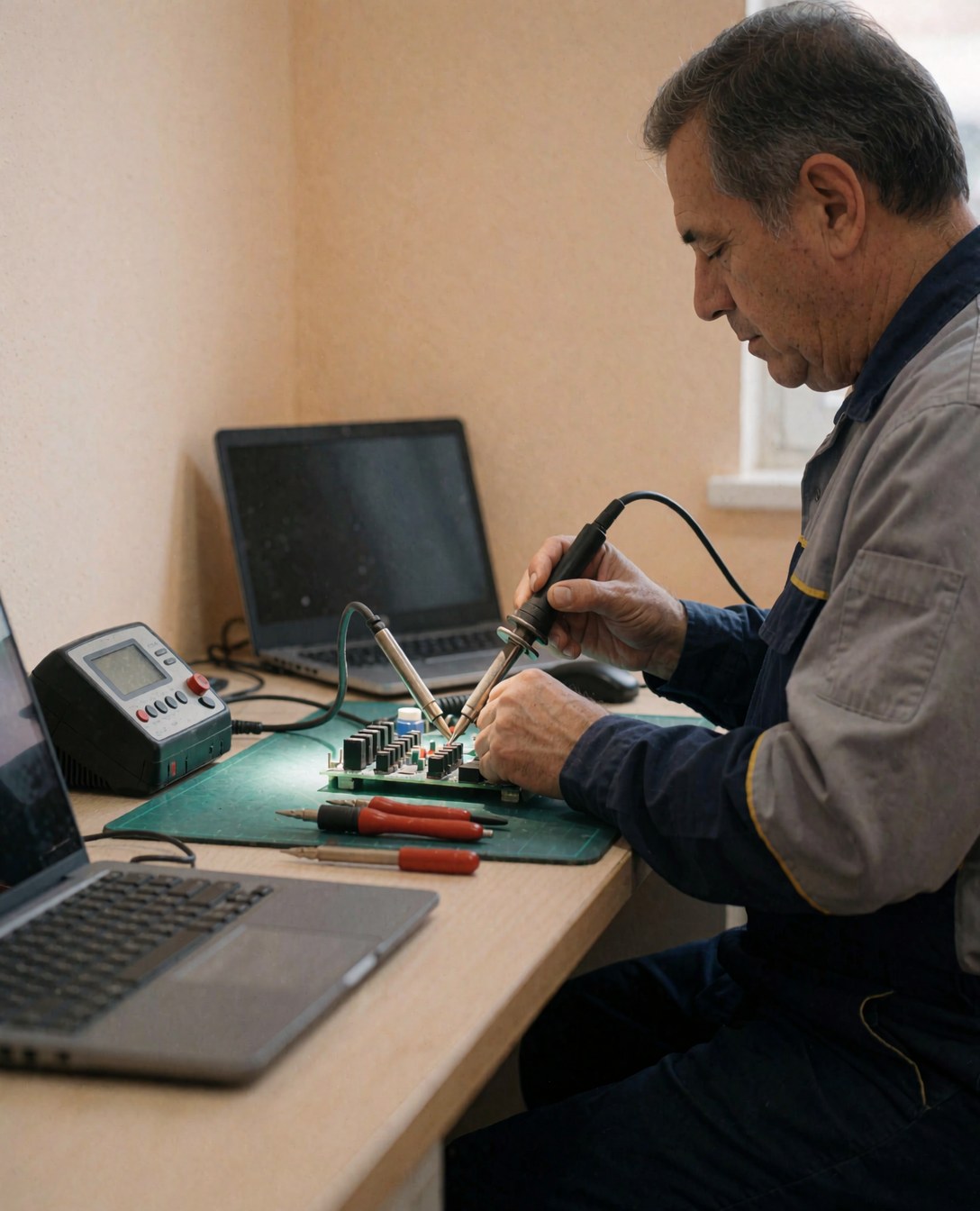 Close-up of technician using soldering iron to repair a circuit board on a workbench with tools and laptop nearby