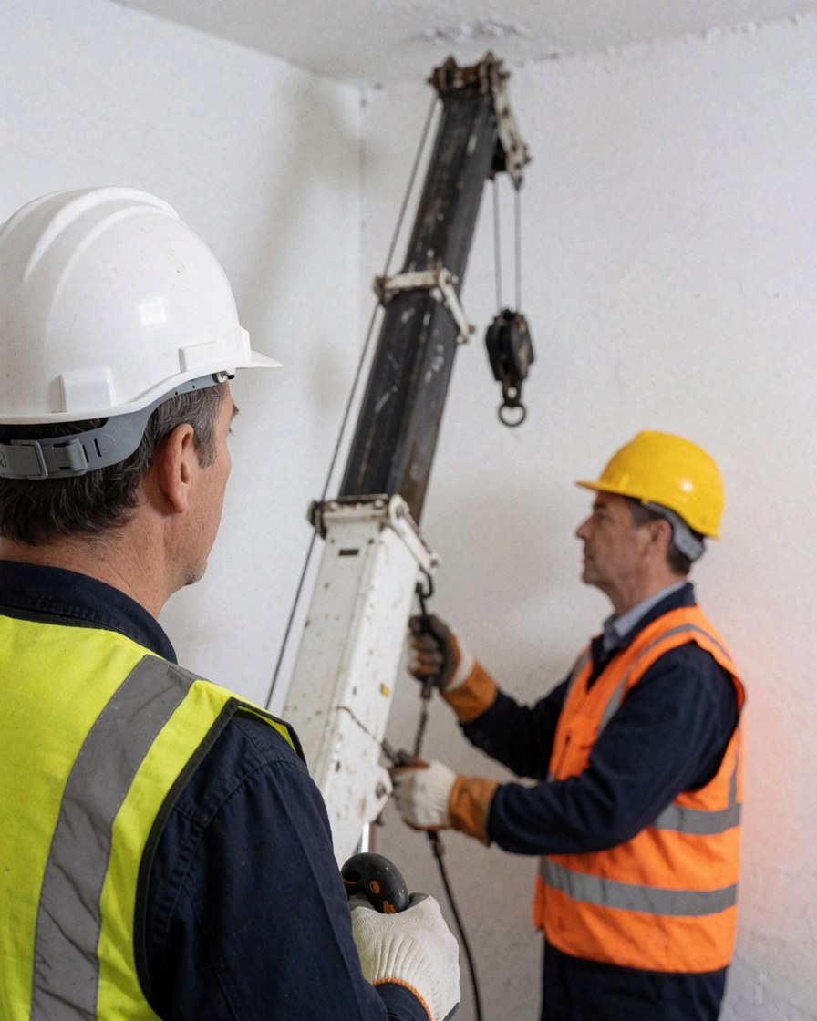 Two workers wearing helmets and vests operate an overhead crane against a white wall, showcasing teamwork at a construction site.