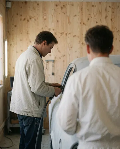 Professional worker sanding a primed car body inside a workshop with wooden walls.