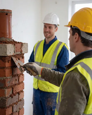 A bricklayer wearing a hard hat and safety vest applies mortar to a red brick chimney while another worker watches with a smile.